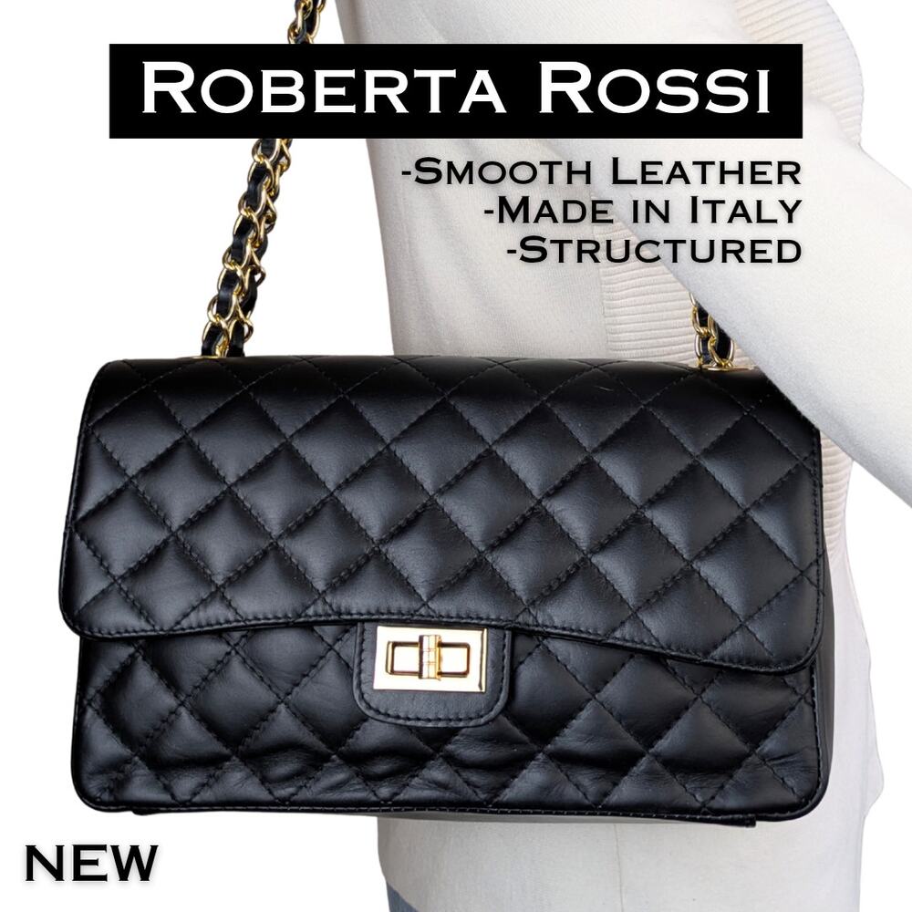 Roberta Rossi Italian Leather Shoulder Bag Black Quilted Gold Chain Italy NEW